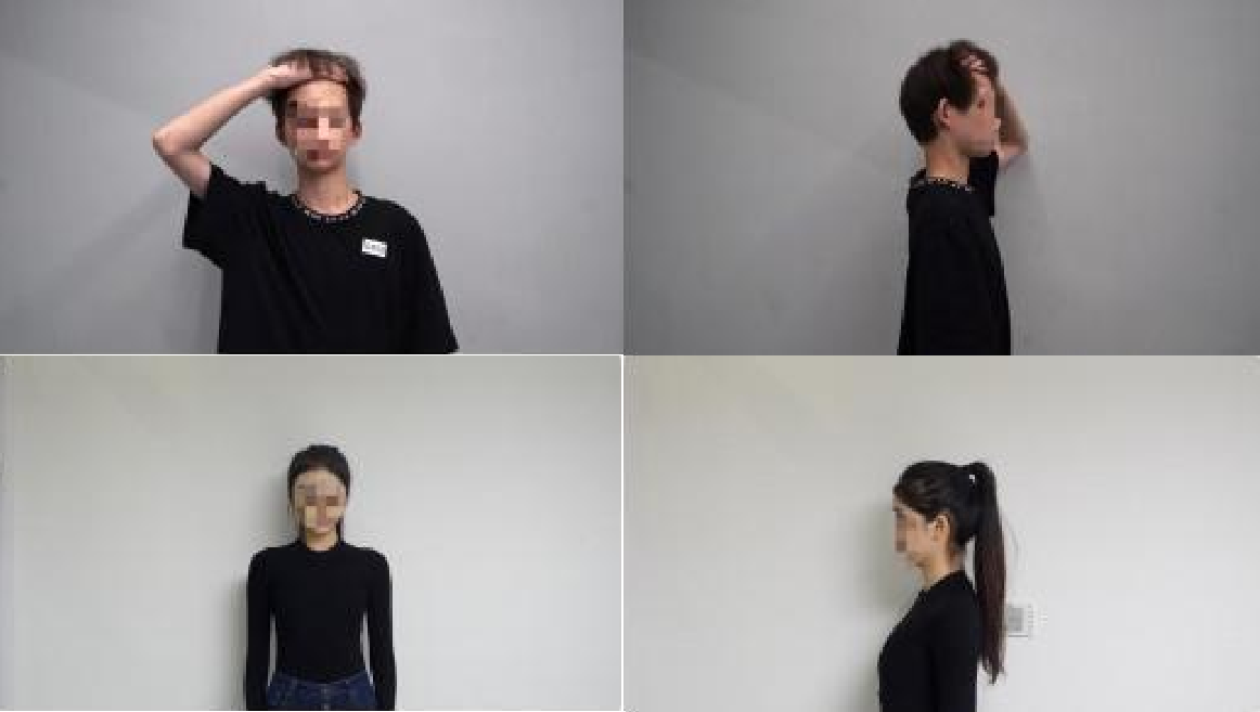 Reference ID photos. Left: half-body front view. Right: side profile. In both, the fringe is swept back off the forehead and the background is plain and bright.